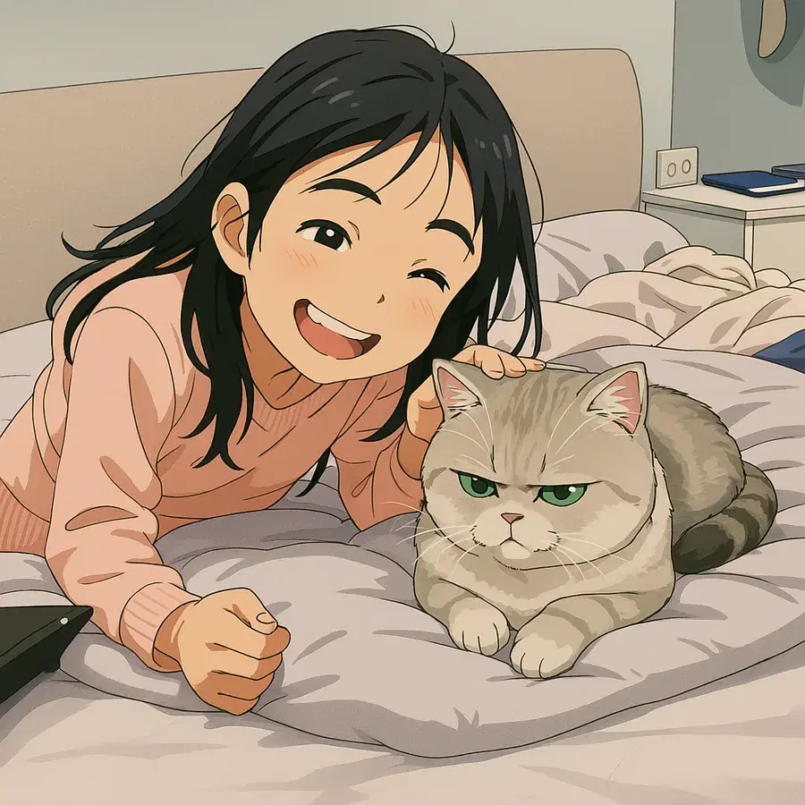 Illustration of Avery smiling beside a cat