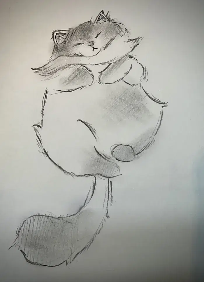 Avery's pencil sketch of a child hugging a cat