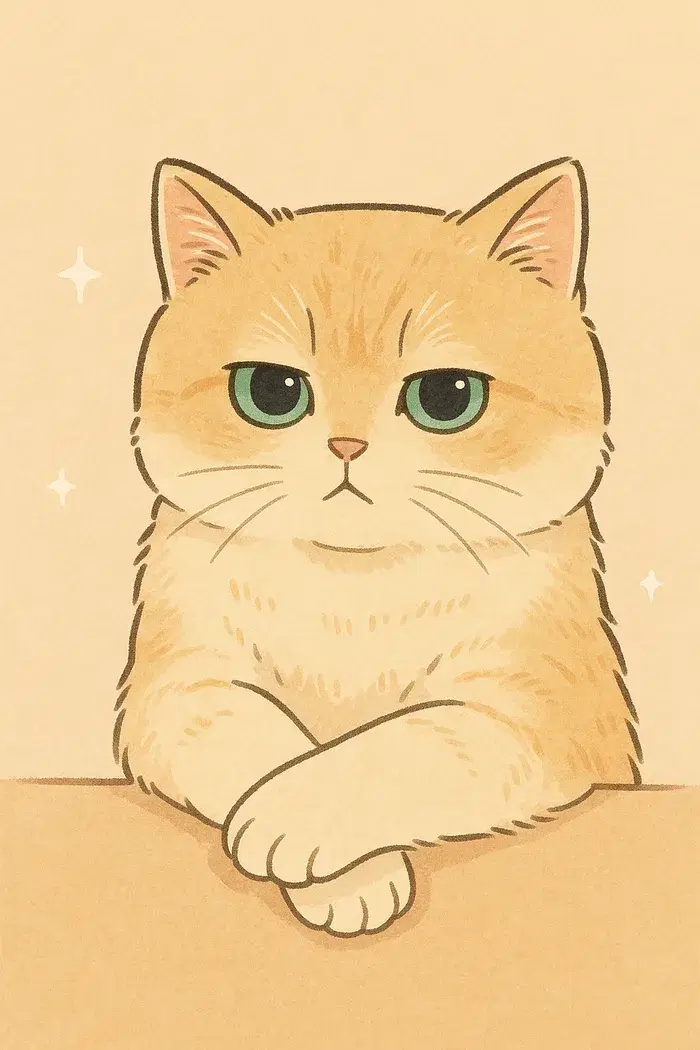 A warm illustrated portrait of Marshmallow the cat